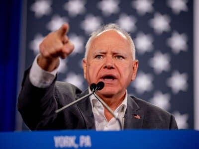 Democratic vice presidential candidate Minnesota Gov. Tim Walz speaks at a rally at York Exposition Center UPMC Arena on October 2, 2024, in York, Pennsylvania.