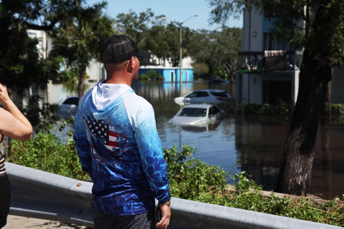 Cars are flooded in an apartment complex after the arrival of Hurricane Milton on October 10, 2024, in Clearwater, Florida.