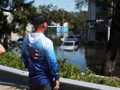 Cars are flooded in an apartment complex after the arrival of Hurricane Milton on October 10, 2024, in Clearwater, Florida.