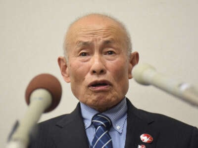 Tomoyuki Mimaki, representative director of the Nihon Hidankyo, attends a press conference after the group was awarded the 2024 Nobel Peace Prize, in Hiroshima on October 11, 2024.