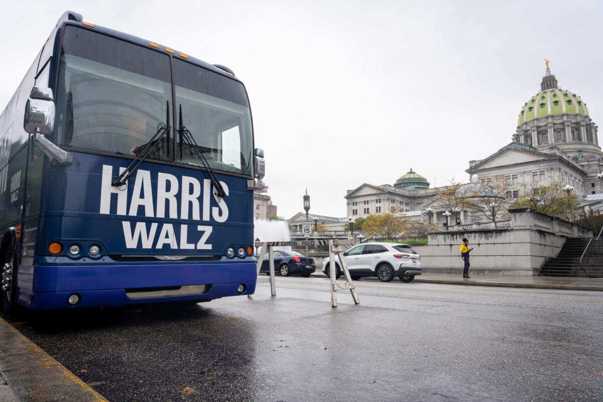 The Harris-Walz Fighting for Reproductive Freedom bus parks at the Pennsylvania State Capitol in Harrisburg, Pennsylvania, on September 18, 2024.