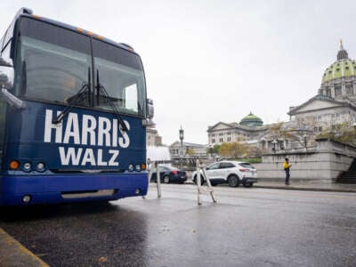 The Harris-Walz Fighting for Reproductive Freedom bus parks at the Pennsylvania State Capitol in Harrisburg, Pennsylvania, on September 18, 2024.