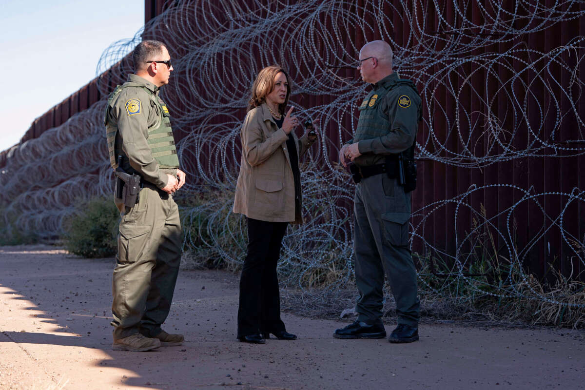 Vice President and Democratic presidential candidate Kamala Harris visits the U.S.-Mexico border with U.S. Border Patrol Tucson Sector Chief John Modlin in Douglas, Arizona, on September 27, 2024.