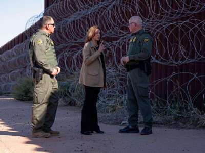 Vice President and Democratic presidential candidate Kamala Harris visits the U.S.-Mexico border with U.S. Border Patrol Tucson Sector Chief John Modlin in Douglas, Arizona, on September 27, 2024.