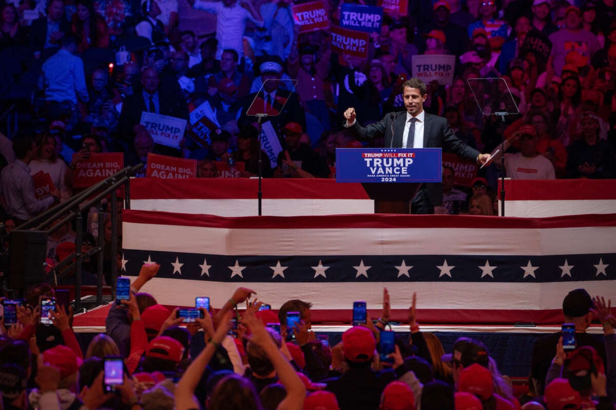 Comedian Tony Hinchcliffe speaks at a rally for former president Donald Trump on October 27, 2024, at Madison Square Garden in New York.