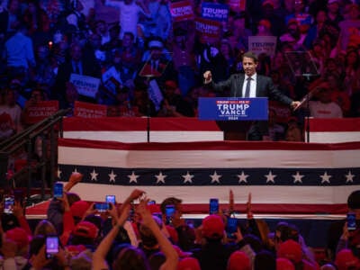 Comedian Tony Hinchcliffe speaks at a rally for former president Donald Trump on October 27, 2024, at Madison Square Garden in New York.