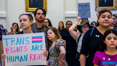 People gathered inside of a governmental building display signs, one of which reads "TRANS RIGHTS ARE HUMAN RIGHTS"
