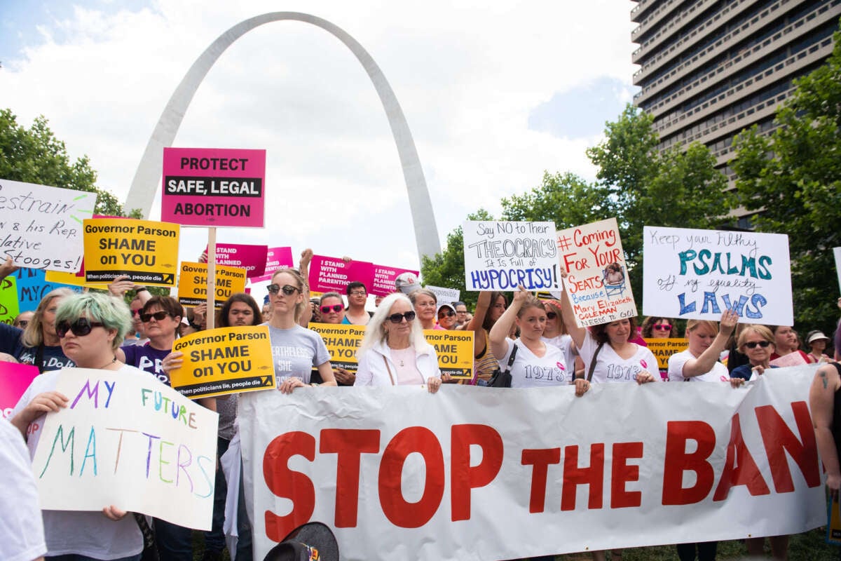 Thousands of demonstrators march in support of Planned Parenthood and pro-choice as they protest a state decision that would effectively halt abortions by revoking the license of the last center in the state that performs the procedure, during a rally in St. Louis, Missouri, on May 30, 2019.