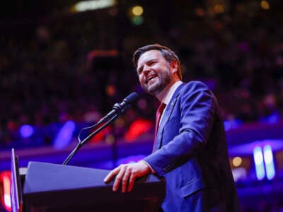 Sen. JD Vance speaks during a campaign rally for Republican presidential nominee, former President Donald Trump at Madison Square Garden on October 27, 2024, in New York City.