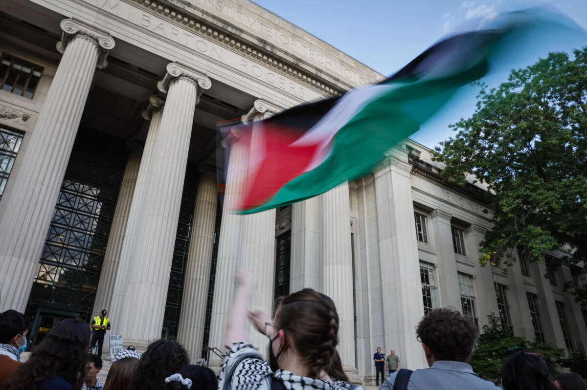 MIT students and faculty gather outside of the campus to protest the university's involvement with Israel and show support for Palestine on September 13, 2024, in Cambridge, Massachusetts.