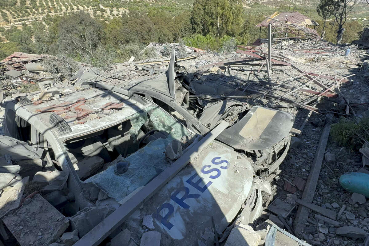 This picture shows a car marked "Press" at the site of an Israeli airstrike that targeted an area where a number of journalists were located in the southern Lebanese village of Hasbaya on October 25, 2024.