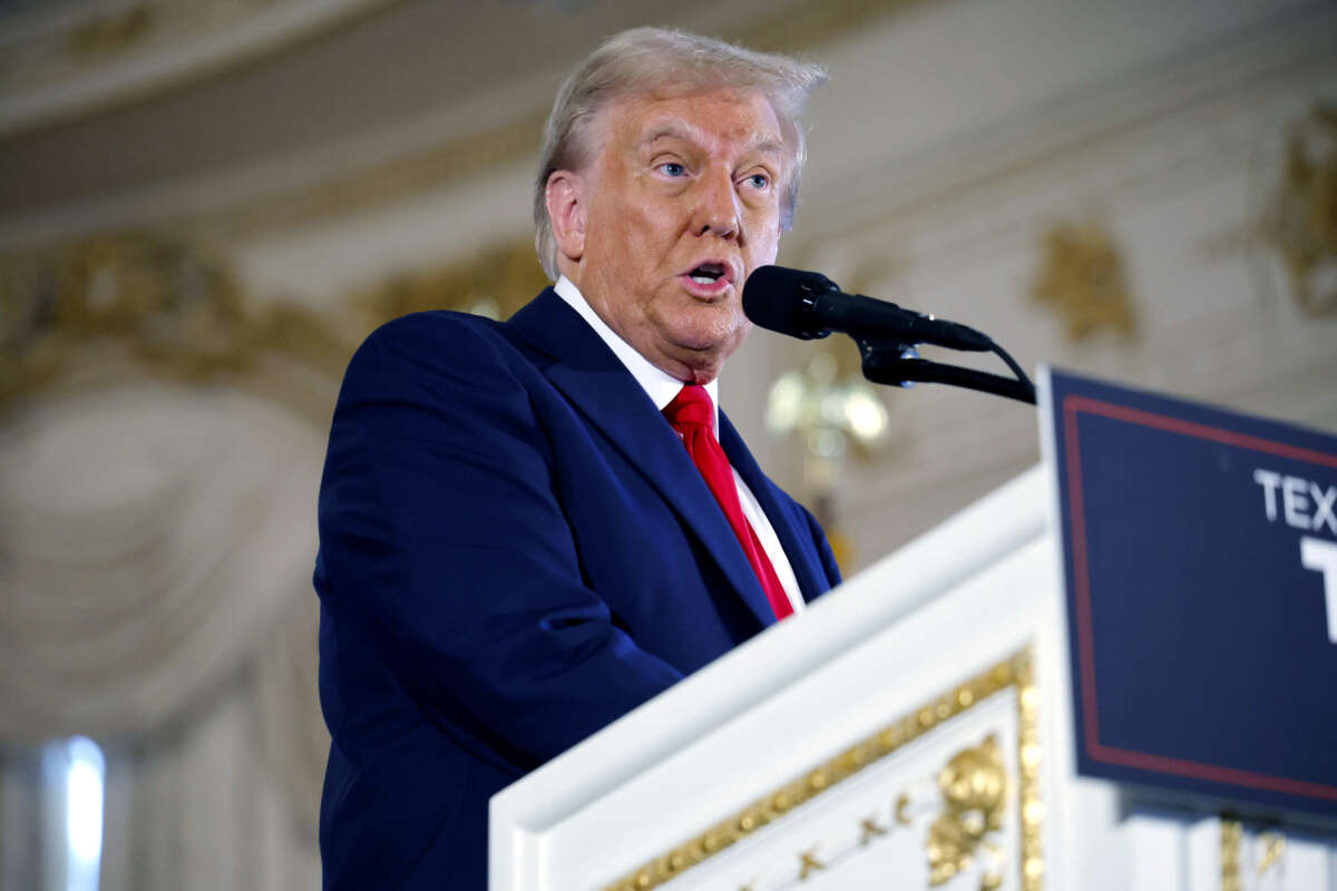 Former President Donald Trump speaks during a press conference in the ballroom of the Mar-a-Lago Club on October 29, 2024, in Palm Beach, Florida.