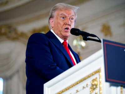 Former President Donald Trump speaks during a press conference in the ballroom of the Mar-a-Lago Club on October 29, 2024, in Palm Beach, Florida.