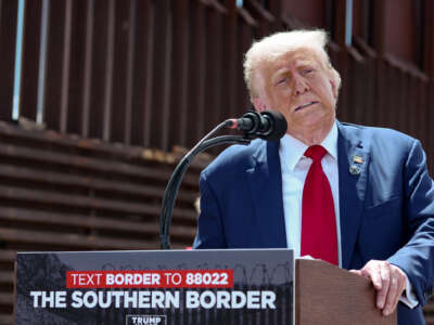 Donald Trump grimaces at a podium by his border wall