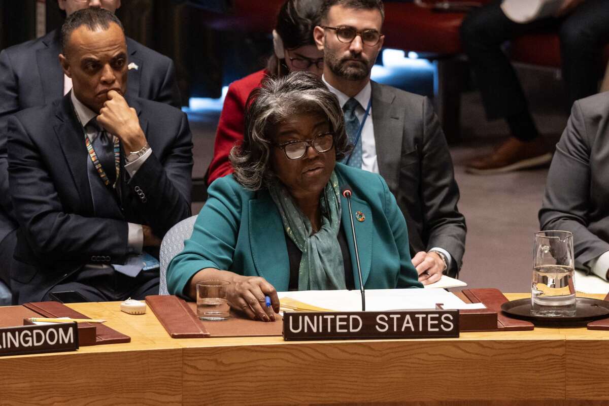 Ambassador Linda Thomas-Greenfield speaks during the Security Council emergency meeting on Israeli airstrikes against Iran requested by Russia, Algeria and China at UN Headquarters.