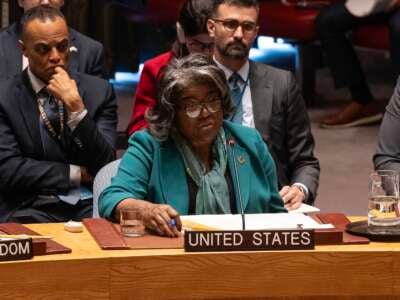 Ambassador Linda Thomas-Greenfield speaks during the Security Council emergency meeting on Israeli airstrikes against Iran requested by Russia, Algeria and China at UN Headquarters.