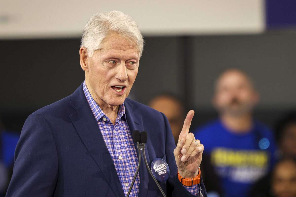 Former President Bill Clinton speaks during a Get-Out-The-Vote rally for Vice President and Democratic Presidential nominee Kamala Harris on the first day of North Carolina early voting in Durham, North Carolina, on October 17, 2024.