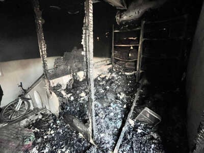 Burnt medical supplies are scattered in a storage room hit by an Israeli strike on the Kamal Adwan hospital in Beit Lahya in the northern Gaza Strip on October 31, 2024.