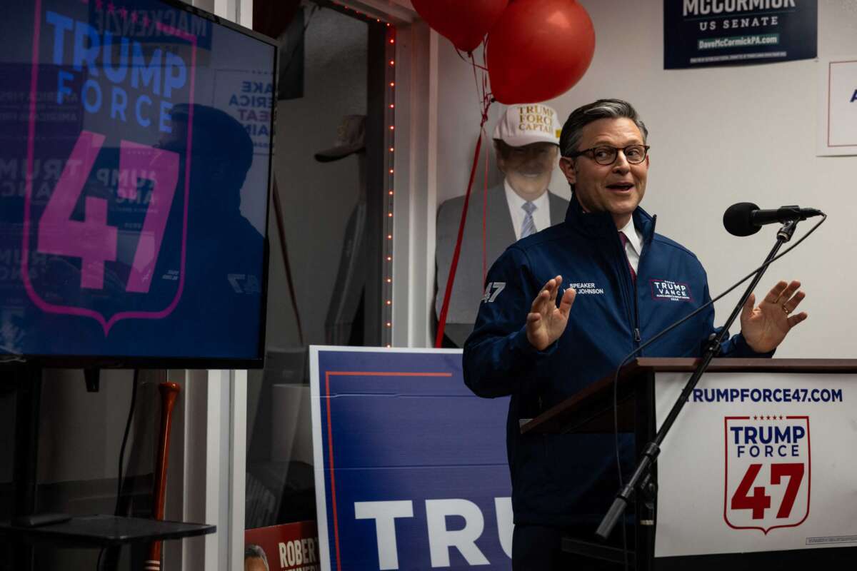 Speaker of the House Mike Johnson speaks to supporters of former President and Republican presidential candidate Donald Trump, at a Trump Force 47 campaign office in Bethlehem, Pennsylvania, on October 28, 2024.