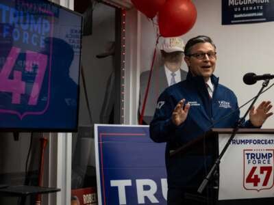 Speaker of the House Mike Johnson speaks to supporters of former President and Republican presidential candidate Donald Trump, at a Trump Force 47 campaign office in Bethlehem, Pennsylvania, on October 28, 2024.