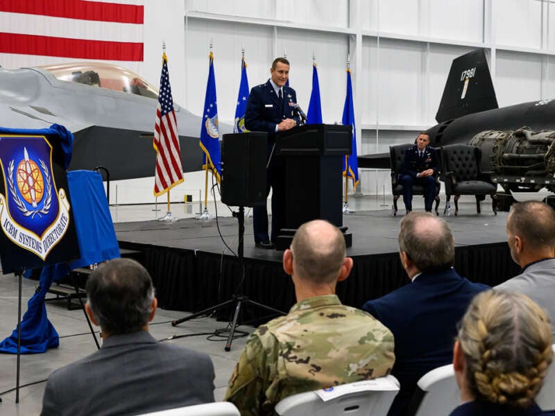 Brig. Gen. William Rogers, director of the Intercontinental Ballistic Missile Systems Directorate and Air Force program executive officer for ICBMs, speaks during a leadership ceremony at Hill Air Force Base in Utah, on August 27, 2024.