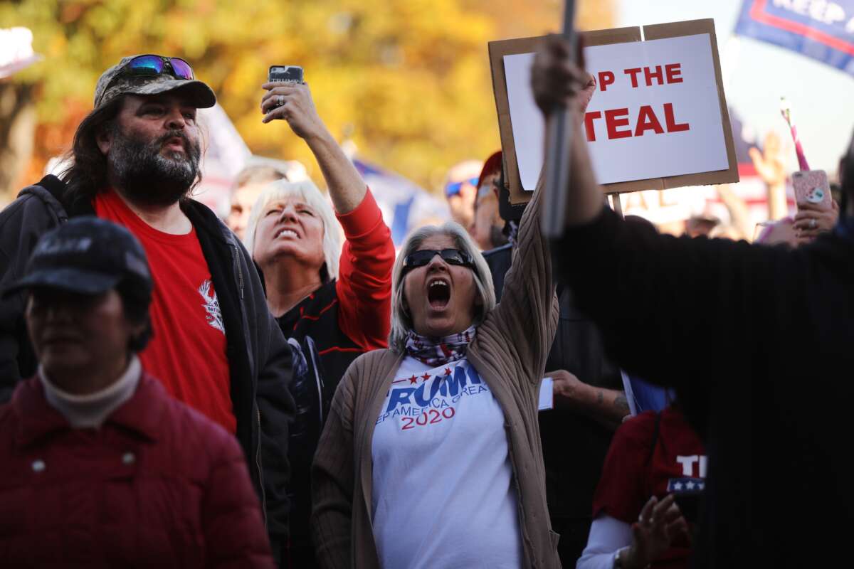 Hundreds of Trump supporters gather to display their anger at the outcome of the election hours after the state was called for Joe Biden on November 7, 2020, in Harrisburg, Pennsylvania.