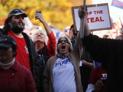 Hundreds of Trump supporters gather to display their anger at the outcome of the election hours after the state was called for Joe Biden on November 7, 2020, in Harrisburg, Pennsylvania.