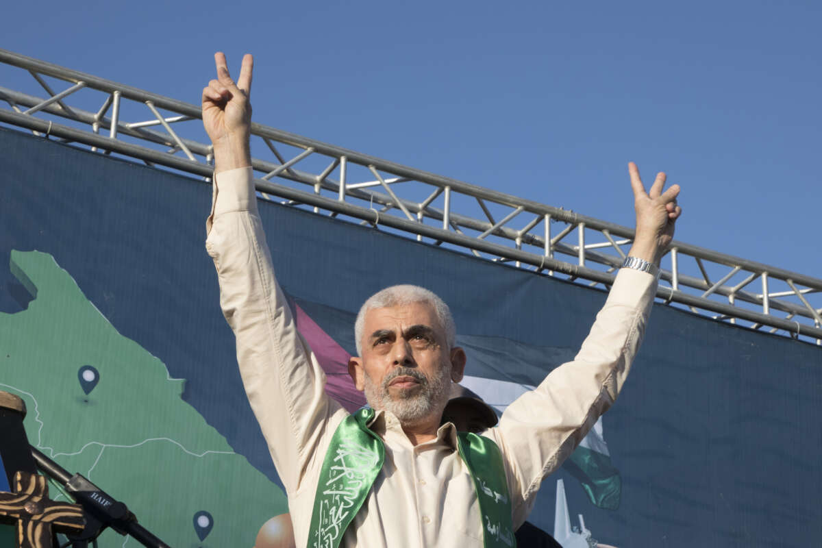 Yahya Sinwar appears during a ceremony for fighters killed by Israeli airstrikes at Yarmouk football stadium on May 24, 2021, in Gaza City, Gaza.