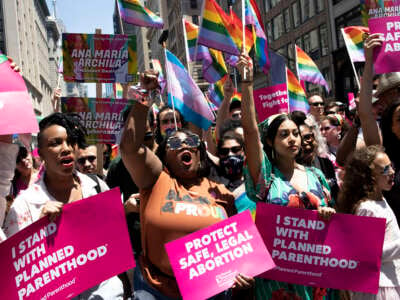 People march in the New York Pride Parade on June 26, 2022 in New York City, New York.