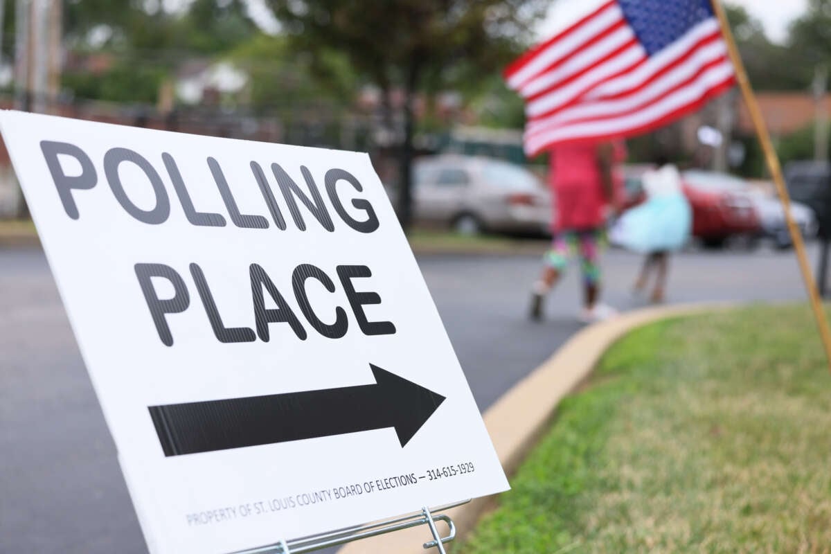 A "Polling Place" sign is seen during Primary Election Day at Barack Obama Elementary School on August 2, 2022, in St Louis, Missouri.