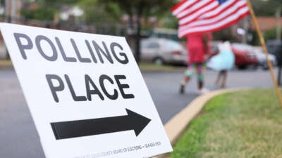 A "Polling Place" sign is seen during Primary Election Day at Barack Obama Elementary School on August 2, 2022, in St Louis, Missouri.