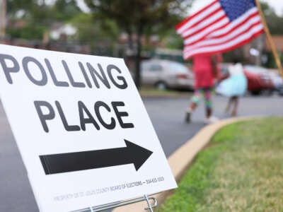 A "Polling Place" sign is seen during Primary Election Day at Barack Obama Elementary School on August 2, 2022, in St Louis, Missouri.