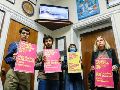 Student loan borrowers sit-in on Capitol Hill at the office of U.S. Speaker of the House Kevin McCarthy to urge him to stop trying to block student debt cancellation on May 9, 2023, in Washington, D.C.