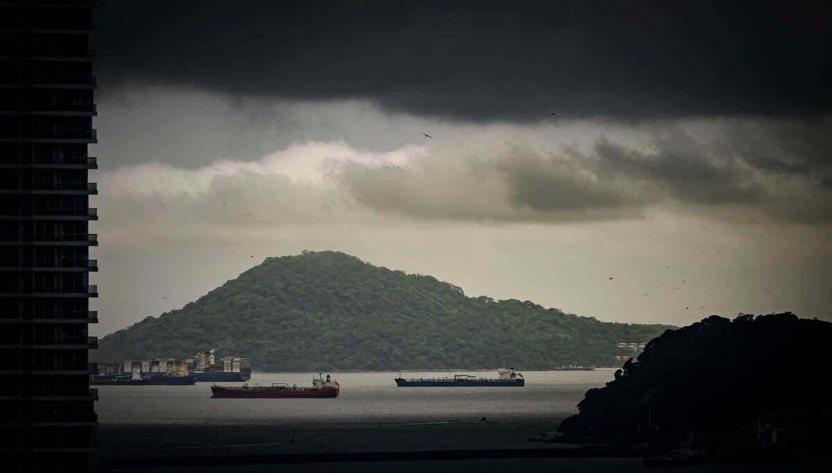 Cargo ships wait before entering the Panama Canal in Panama City, on June 13, 2024.