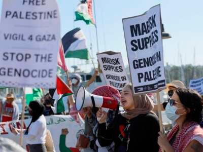 Pro-Palestinian demonstrators protest against Maersk at the Cabrillo Way Marina, coinciding with an event by Maersk's shipping efforts to be "carbon neutral" by 2040 at the Port of Los Angeles on August 28, 2024.