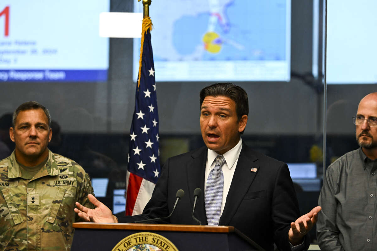 Gov. Ron DeSantis speaks during a press conference at the State Emergency Operations Center in Tallahassee, Florida, on September 26, 2024.