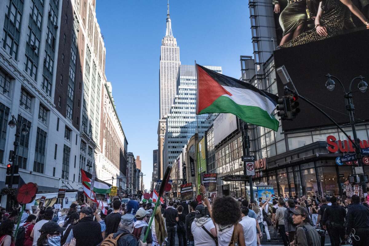 Pro-Palestinian protesters rally in support of Gaza and Lebanon in Times Square on October 5, 2024, in New York City.