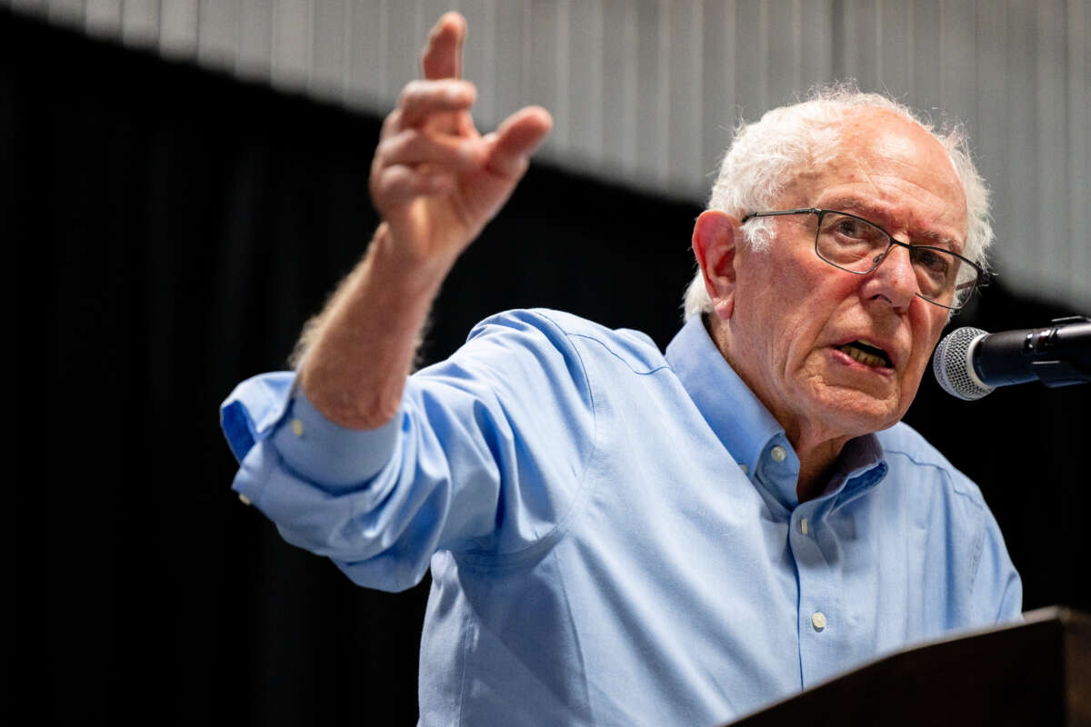 U.S. Sen. Bernie Sanders speaks to attendees during a "Our Fight, Our Future" rally at The Millennium bowling alley on October 2, 2024, in Austin, Texas.