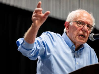 U.S. Sen. Bernie Sanders speaks to attendees during a "Our Fight, Our Future" rally at The Millennium bowling alley on October 2, 2024, in Austin, Texas.