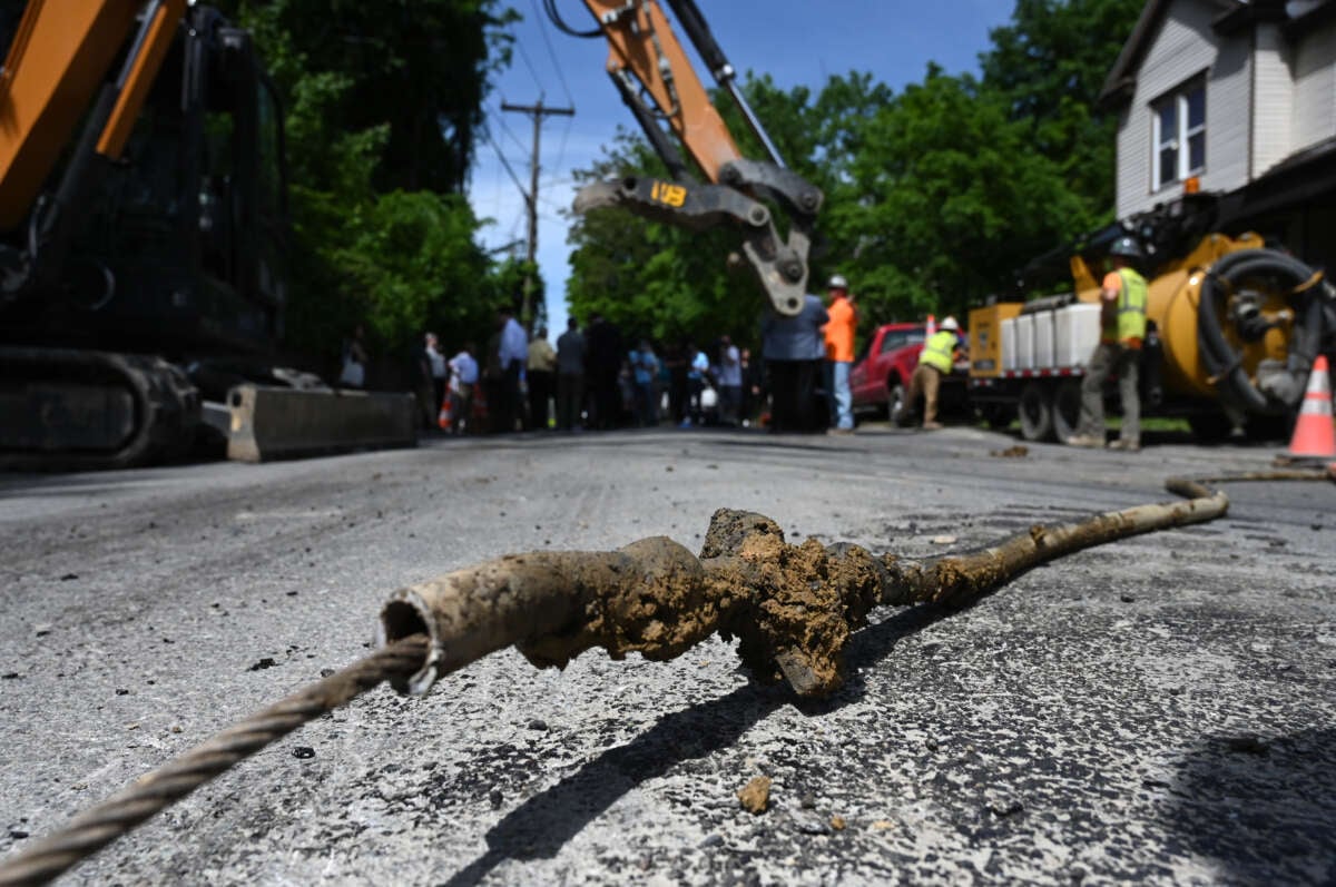 Section of lead pipe that supplied drinking water to a Campbell Ave. home is removed on May 20, 2024, in Troy, New York.