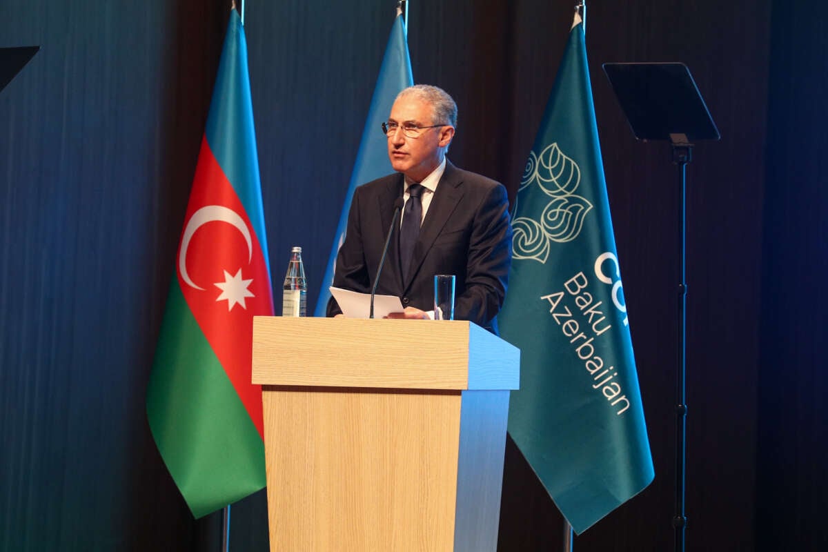 Mukhtar Babayev, COP29 president designate and minister of ecology and natural resources of the Republic of Azerbaijan, gives a speech in Baku, Azerbaijan.