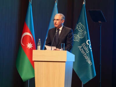 Mukhtar Babayev, COP29 president designate and minister of ecology and natural resources of the Republic of Azerbaijan, gives a speech in Baku, Azerbaijan.