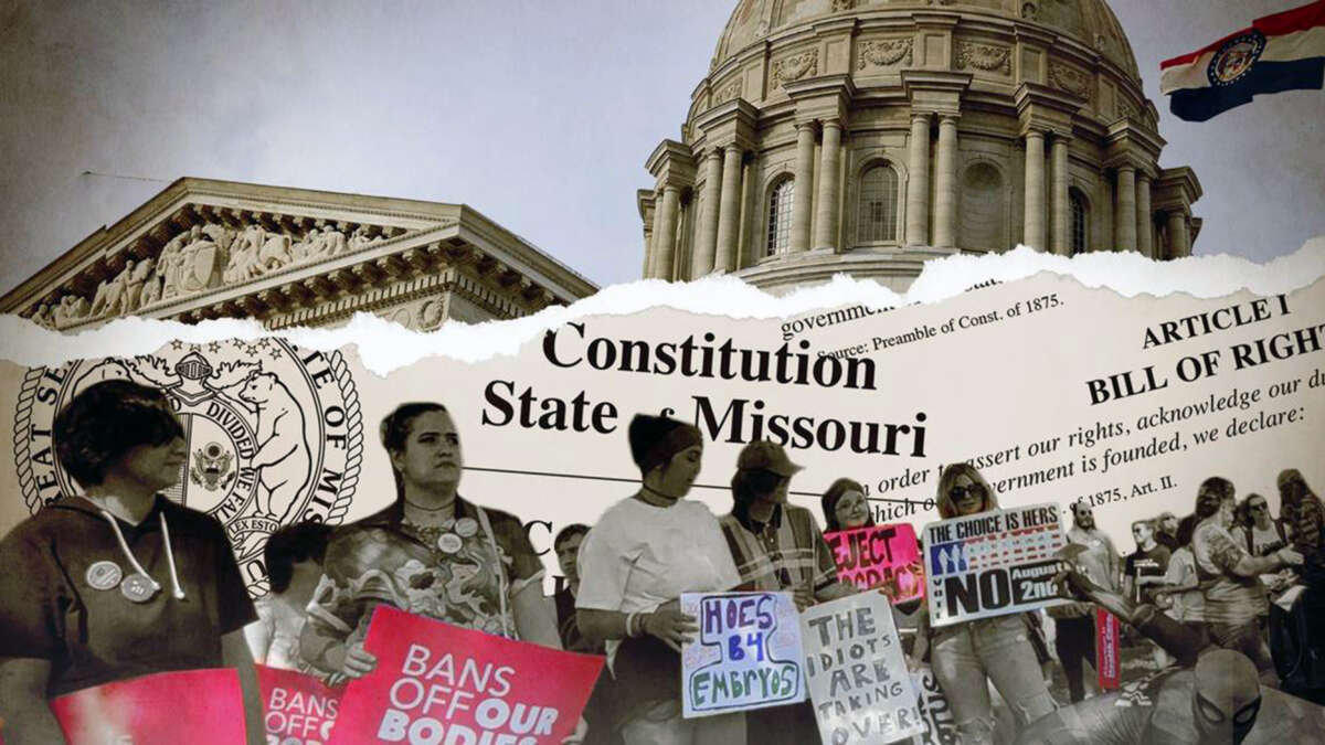 The Missouri statehouse pictured with abortion rights protesters and headlines about state abortion laws.