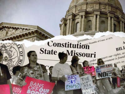 The Missouri statehouse pictured with abortion rights protesters and headlines about state abortion laws.