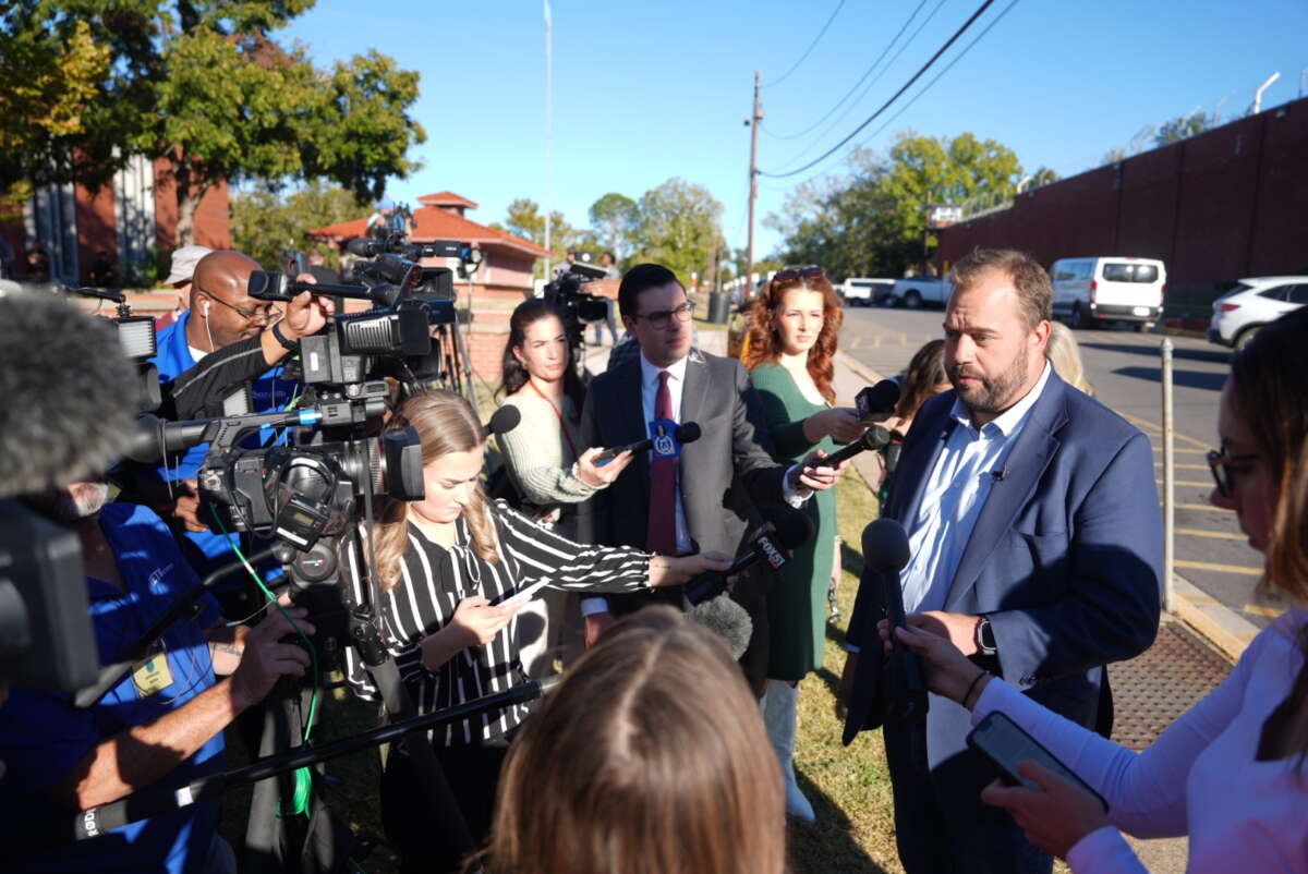 Texas Rep. John Bucy III speaks to the media outside the Texas State Penitentiary at Huntsville Walls Unit, on October 17, 2024, in Huntsville, Texas.