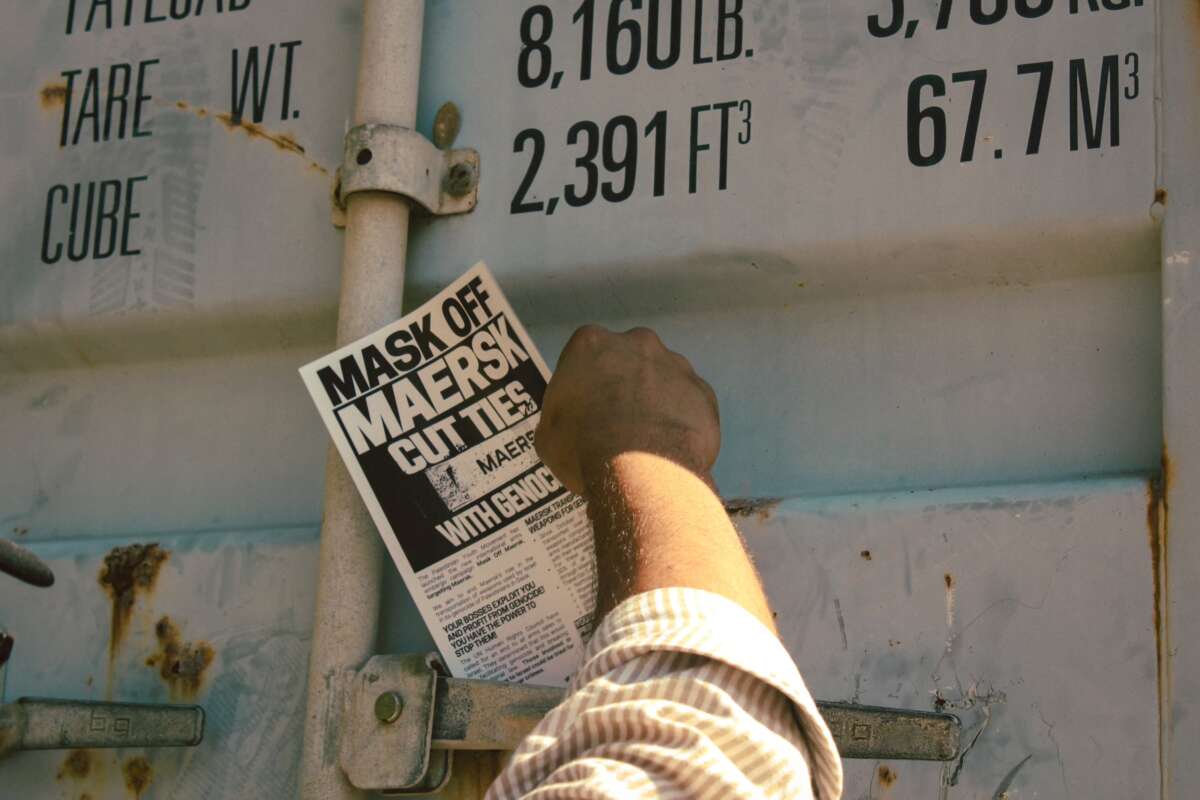 Protesters visit the Maersk office and place flyers on workers’ cars in Houston, Texas, for the International Day of Action from October 22-24, 2024.