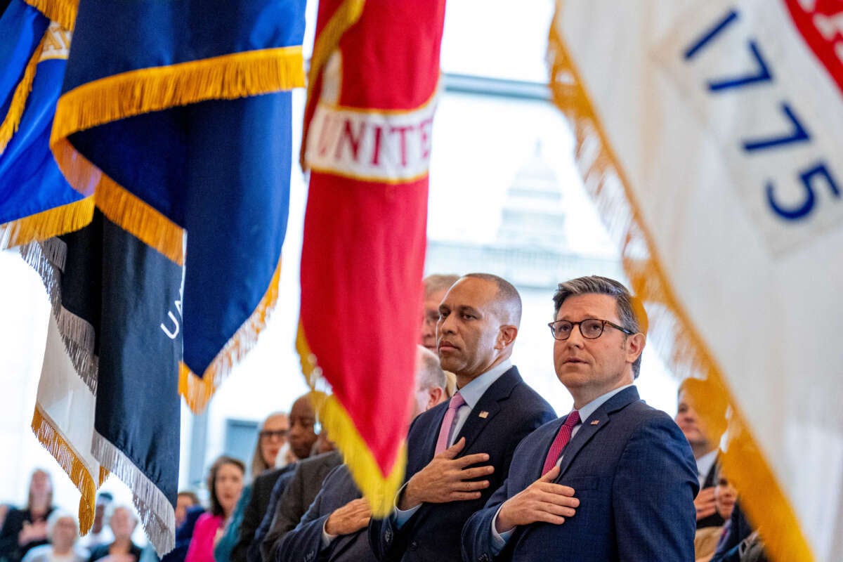 Speaker of the House Mike Johnson (right) and House Minority Leader Hakeem Jeffries attend a Congressional Gold Medal ceremony on Capitol Hill on September 18, 2024, in Washington, D.C.