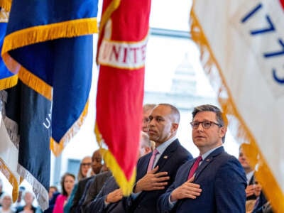 Speaker of the House Mike Johnson (right) and House Minority Leader Hakeem Jeffries attend a Congressional Gold Medal ceremony on Capitol Hill on September 18, 2024, in Washington, D.C.