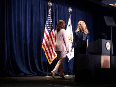 Laurene Powell Jobs, Founder and Chair of Emerson Collective, introduces Vice President Kamala Harris at the In Her Hands launch event at the InterContinental Los Angeles on June 7, 2022, in Los Angeles, California.