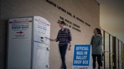 A voter places their vote into a drop box as another voter follows behind them